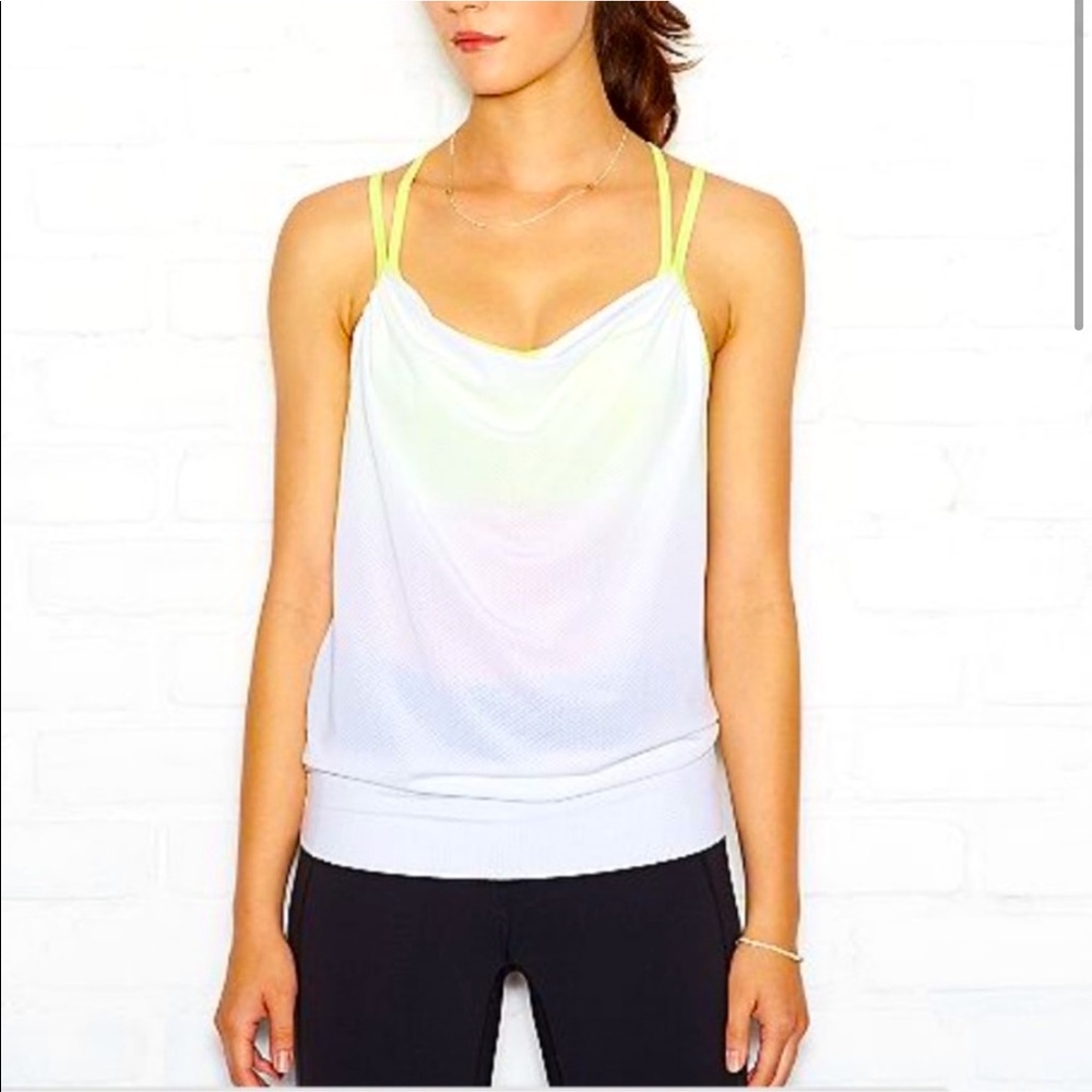 LUCY white workout tank built in yellow bra